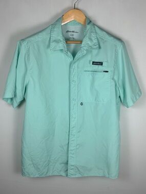 Eddie Bauer Fishing Shirt Mens Large Green Short Sleeve Button Up Vent Preppy
